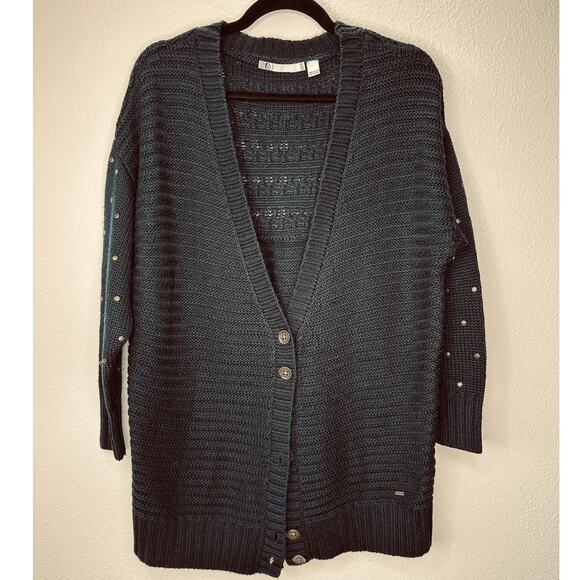 Volcom Black Knit Cardigan Gold Studded Sleeves Front Gold Buttons XS / S - Picture 6 of 16